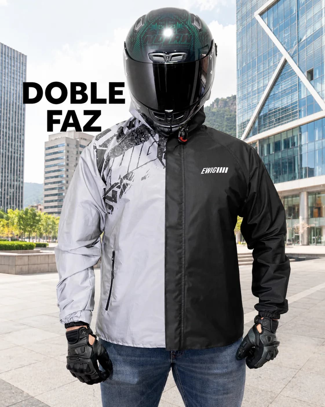 Motociclista mostrando las dos caras de la Chaqueta Reflex Ultra Light de EWIG